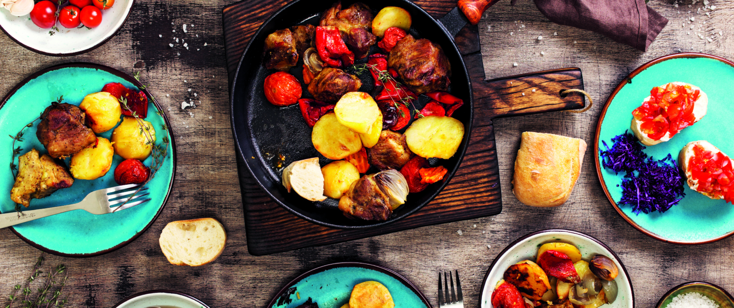 On,The,Wooden,Table,A,Different,Food,,Fried,Meat,With